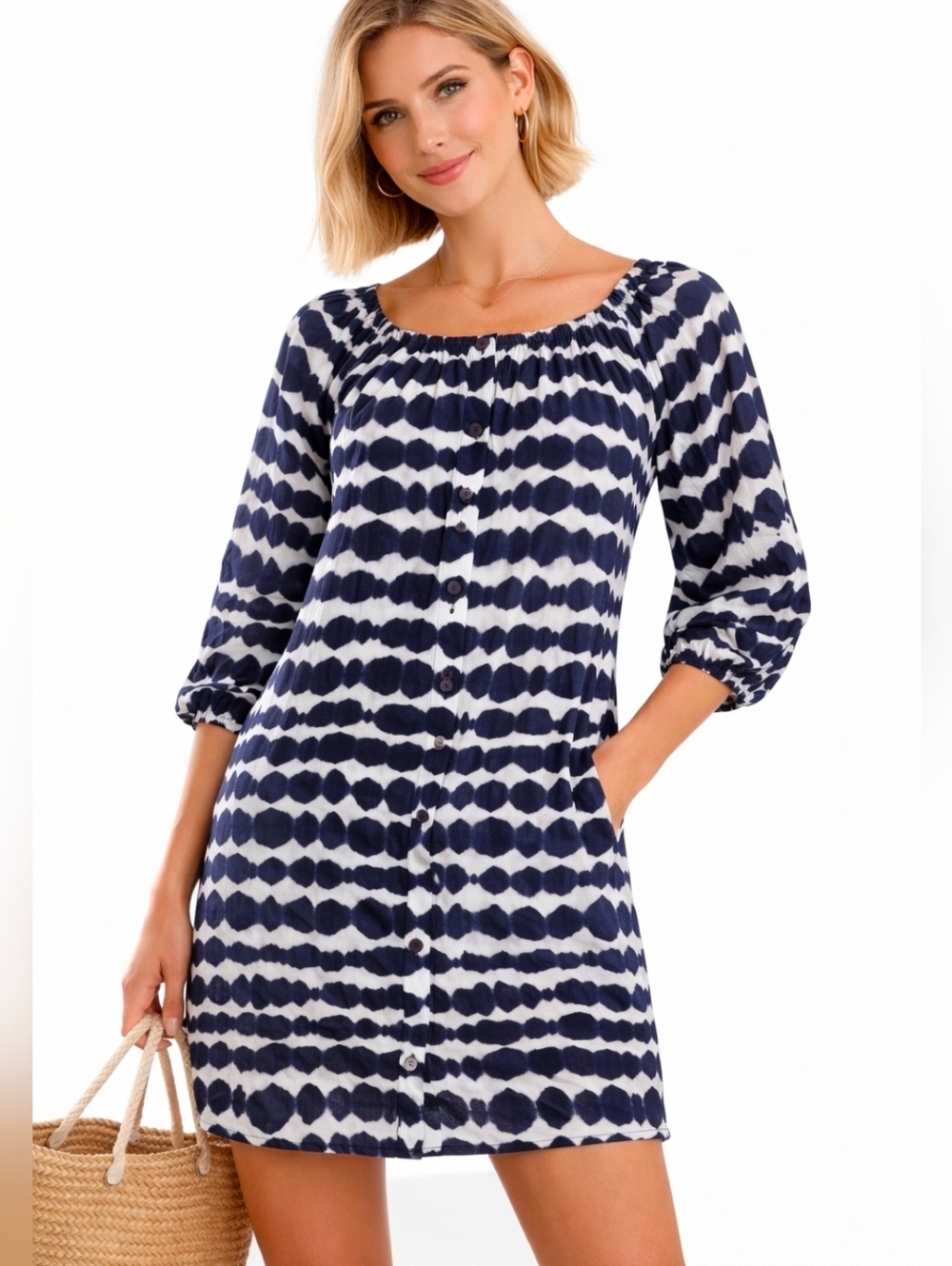 Collective Concepts Blue, White, Tie-Dye Button-Front Beach Dress Cover-up, XS/S